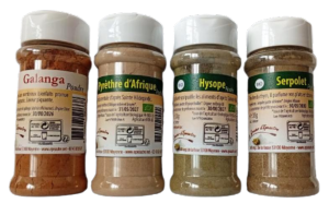 Set 4 POTS d'épices (Pyrèthre 50g-Galanga 35g-Serpolet 35g-Hysope 35g)